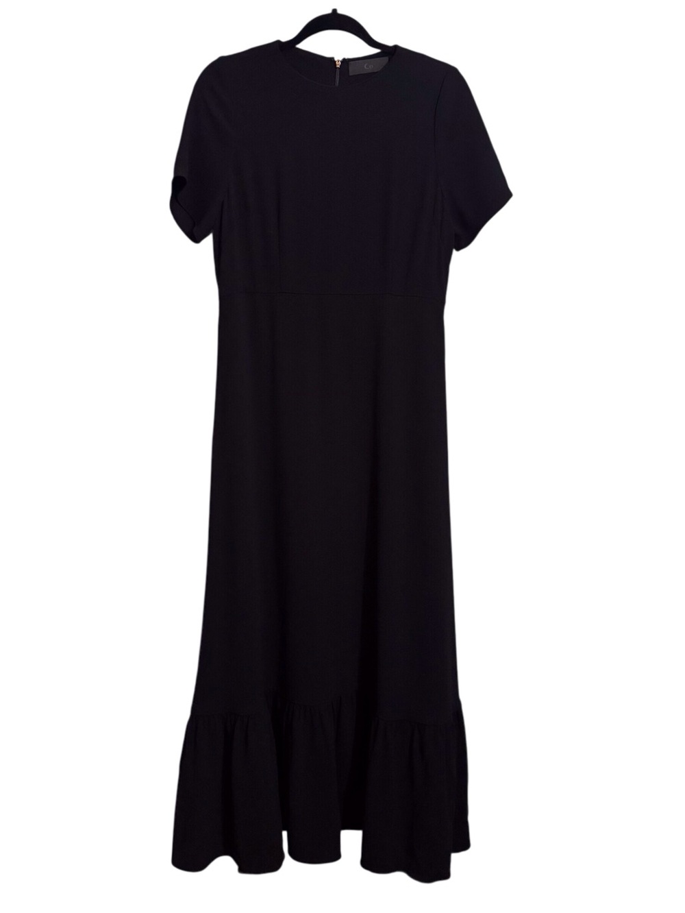 CO Size Large Black Short Sleeve Structured Ruffle Hem Maxi Dress Pockets Chic